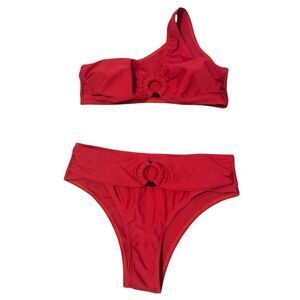 Women's Vibrant Asymmetrical Red One-Shoulder High Waisted Bikini